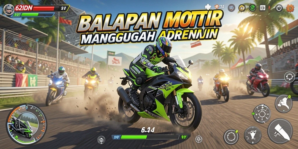 Gameplay 62IDN menampilkan aksi balapan motor yang mendebarkan.