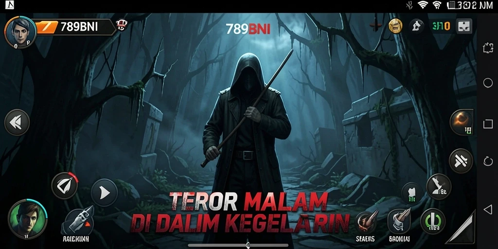 Gameplay seram 789BNI dengan suasana kegelapan dan makhluk mengerikan.