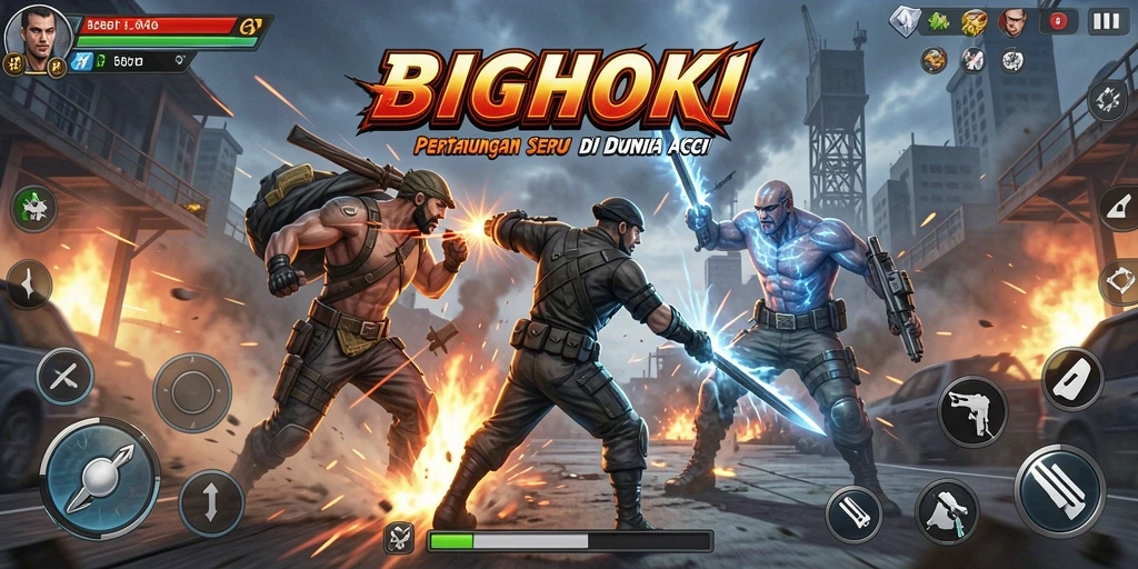 Tangkapan layar BIGHOKI menunjukkan pertarungan seru dengan grafis menarik.