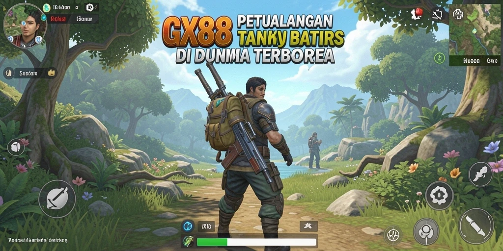 Screenshot utama GX88 menunjukkan petualangan seru di dunia terbuka.